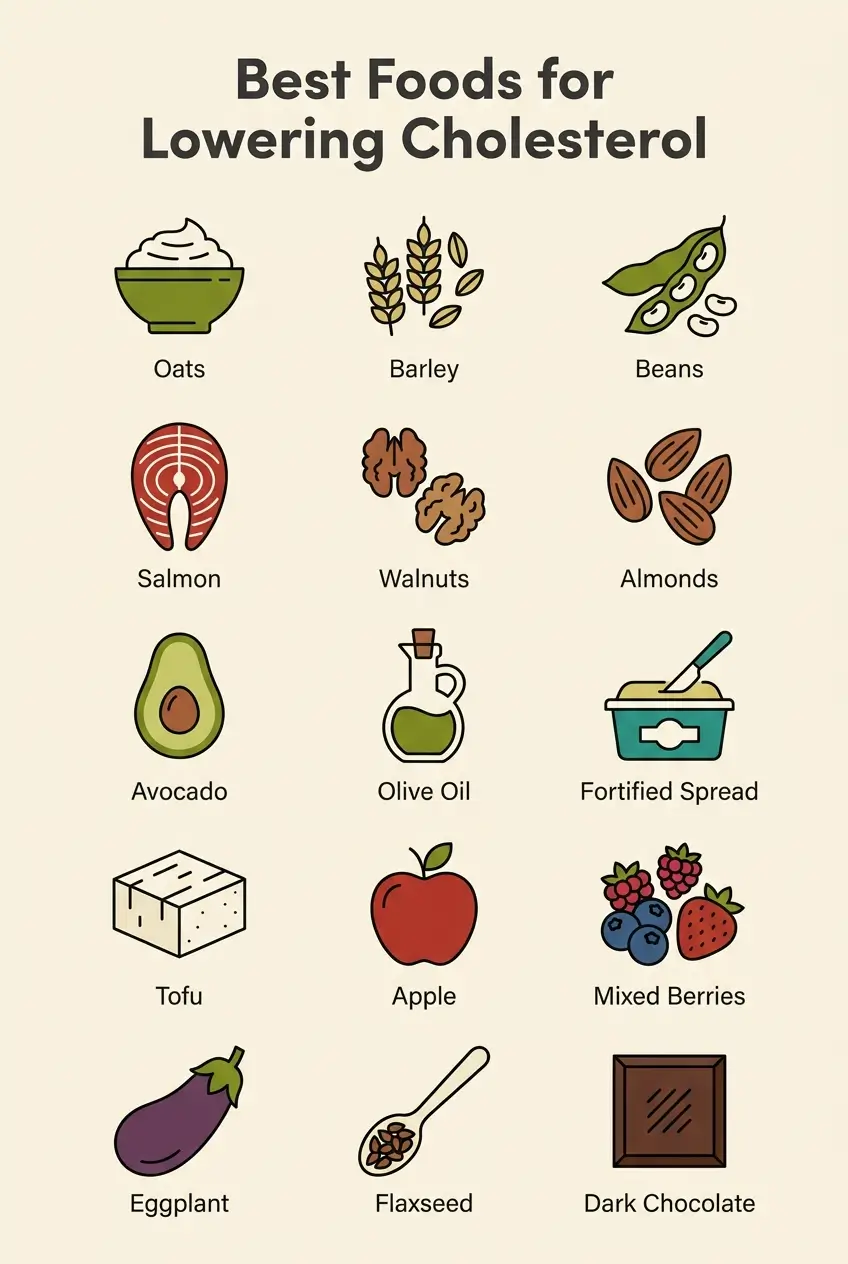 Grid of 15 cholesterol-lowering foods including oats, salmon, beans, avocado, nuts, and berries