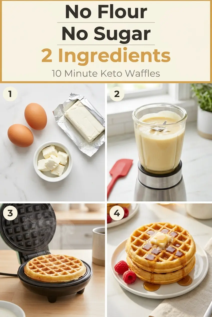 Step by step collage of 2 ingredient keto waffles cream cheese recipe showing ingredients, blending, cooking, and finished stack with text overlay No Flour No Sugar 2 Ingredients