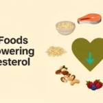 Heart surrounded by cholesterol-lowering foods including oats, salmon, avocado, nuts, and berries
