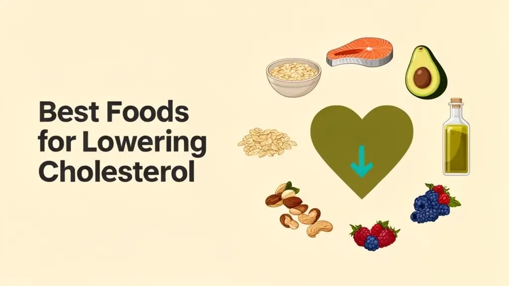Heart surrounded by cholesterol-lowering foods including oats, salmon, avocado, nuts, and berries