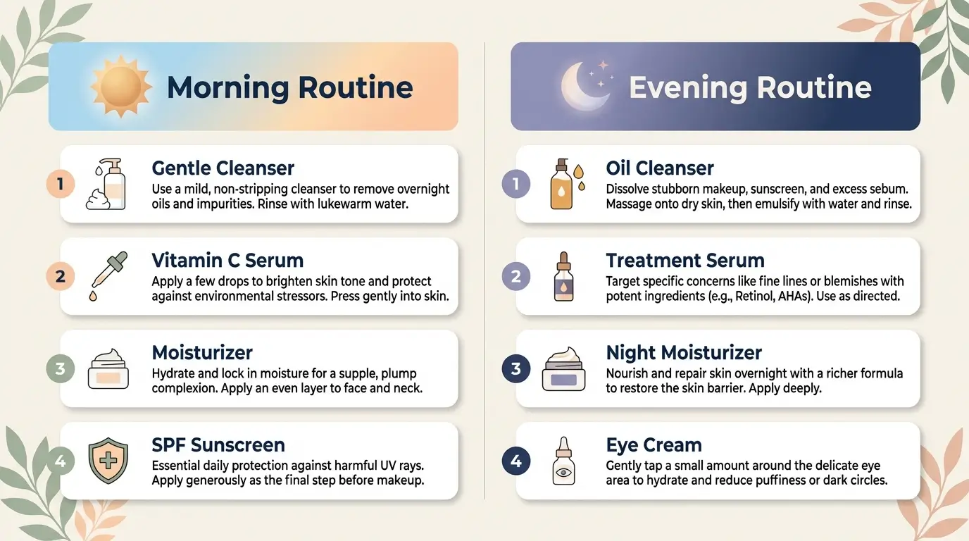 Step-by-step visual guide for morning and evening anti-aging skincare routines.