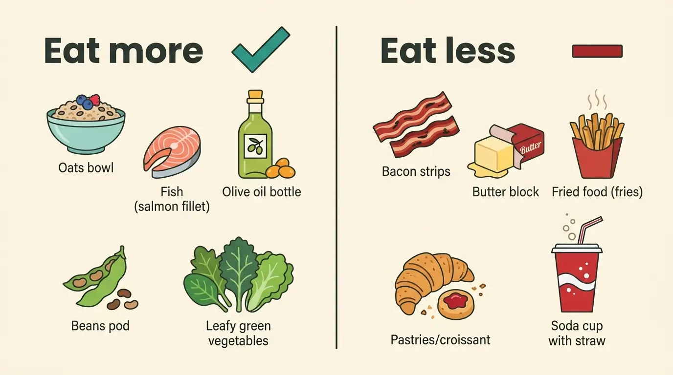 Two-column comparison of heart-healthy foods to eat more versus foods to limit for lower cholesterol