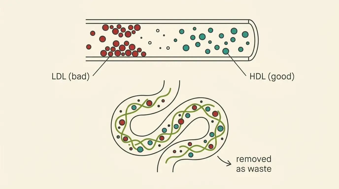 Diagram showing how LDL and HDL cholesterol move in a blood vessel and how soluble fiber removes cholesterol through the gut