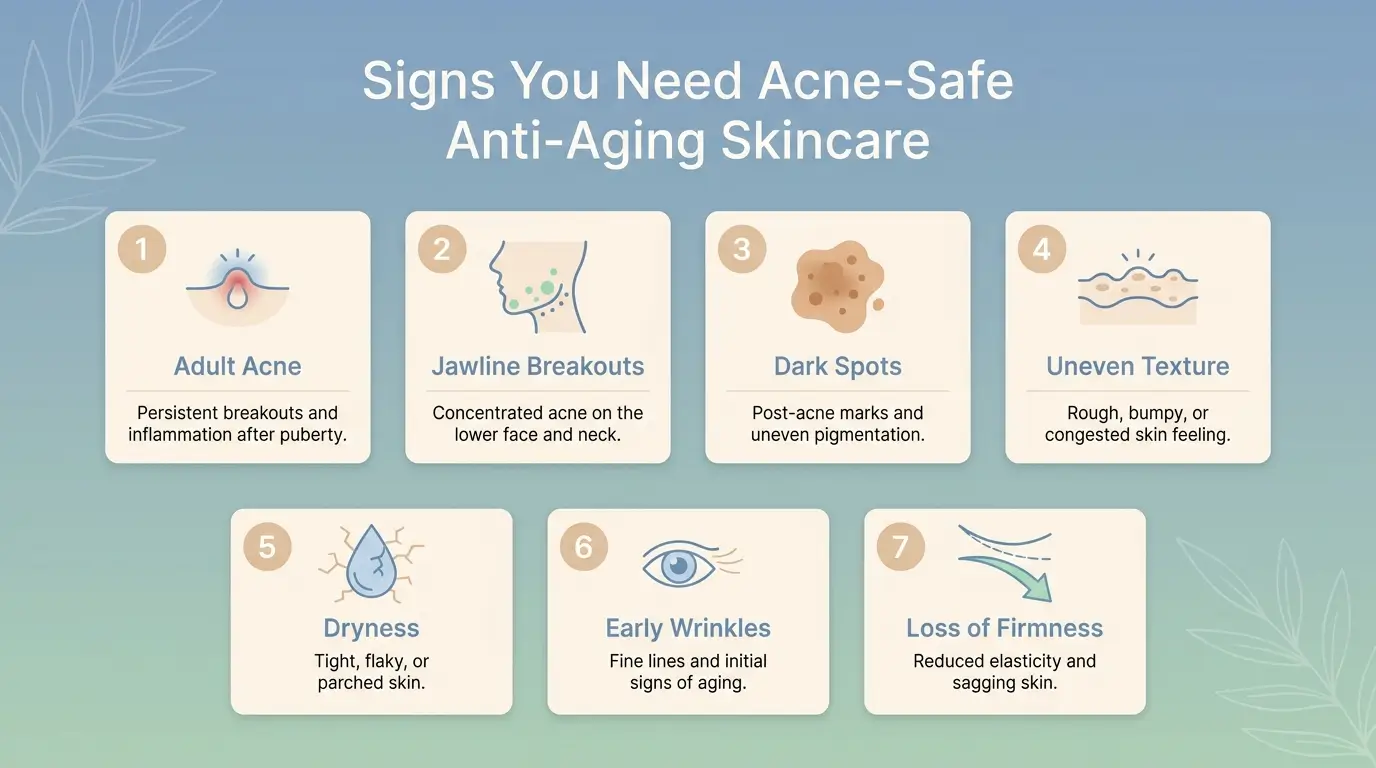 Infographic listing signs like adult acne, early wrinkles, and dark spots.