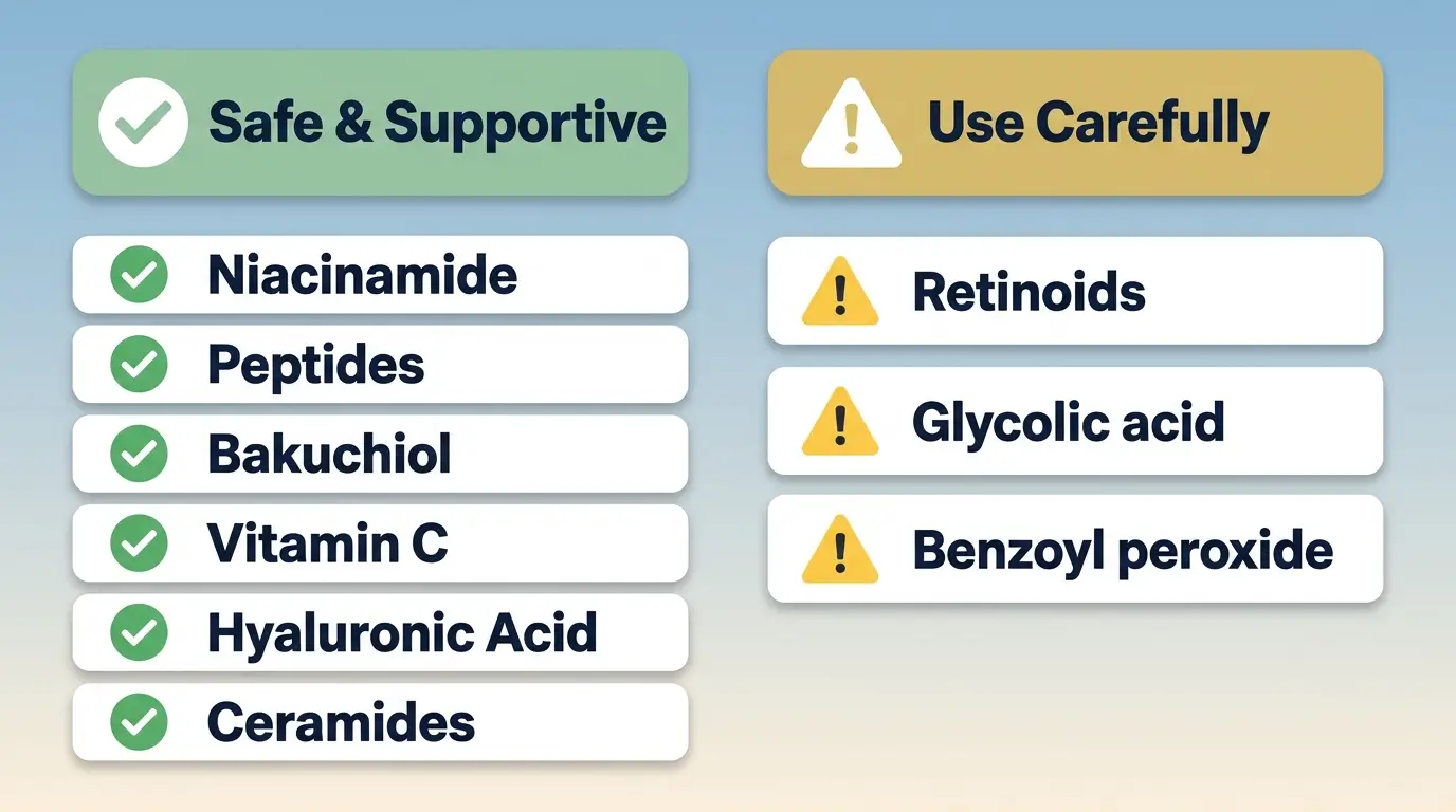 Comparison chart of safe skincare ingredients versus those to use carefully.