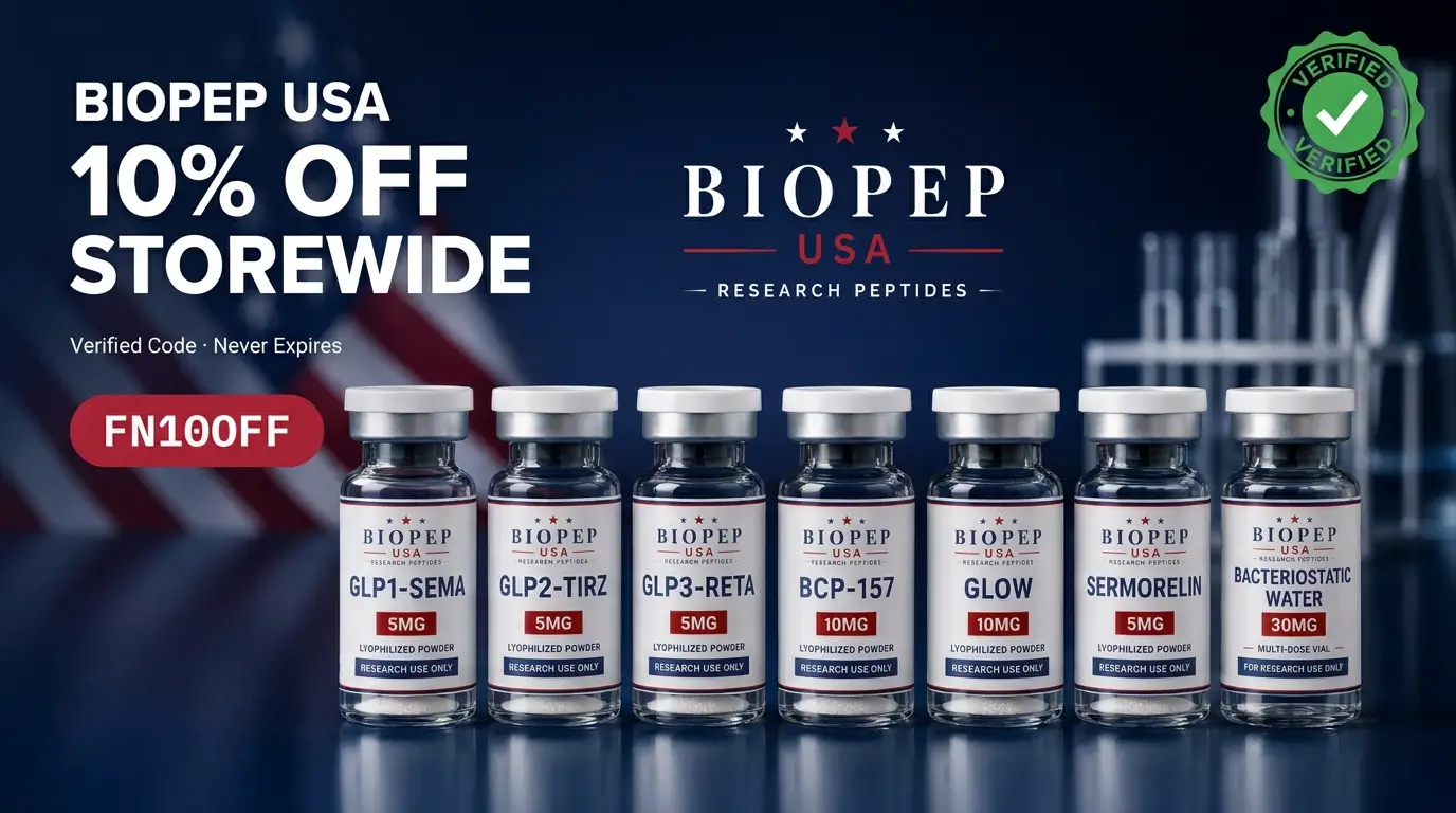 BioPep USA discount code FN10OFF for 10% off storewide on research peptides including GLP1-SEMA, BPC-157, GHK-Cu GLOW, and Sermorelin vials.