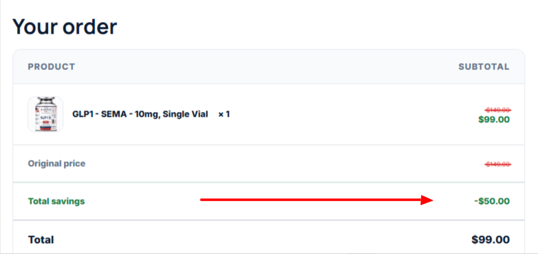 Screenshot from BioPep USA checkout page showing the discount code FN10OFF applied.