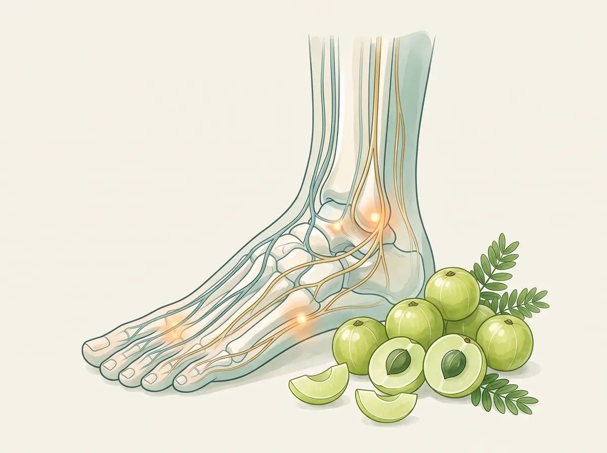 Close-up medical illustration of a foot and ankle with visible nerve pathways and amla fruit, showing neuropathy symptoms and Ayurvedic support