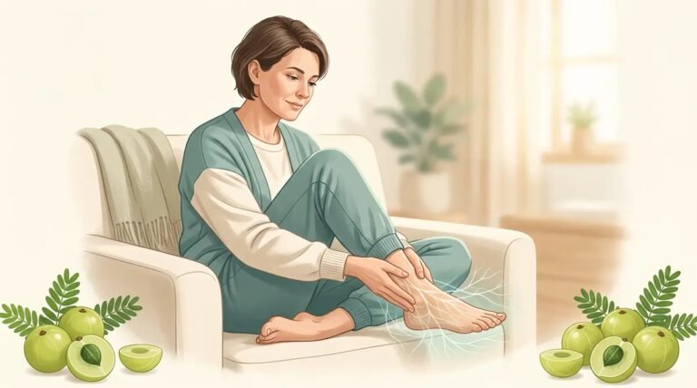 Illustration of a person holding a painful foot and ankle with a subtle nerve overlay and fresh amla fruit, representing Ayurvedic support for neuropathy discomfort