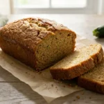 A sliced loaf of homemade zucchini bread on parchment paper, showing a moist golden crumb flecked with fine shreds of green zucchini.