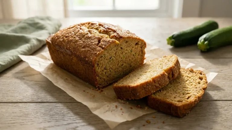 A sliced loaf of homemade zucchini bread on parchment paper, showing a moist golden crumb flecked with fine shreds of green zucchini.