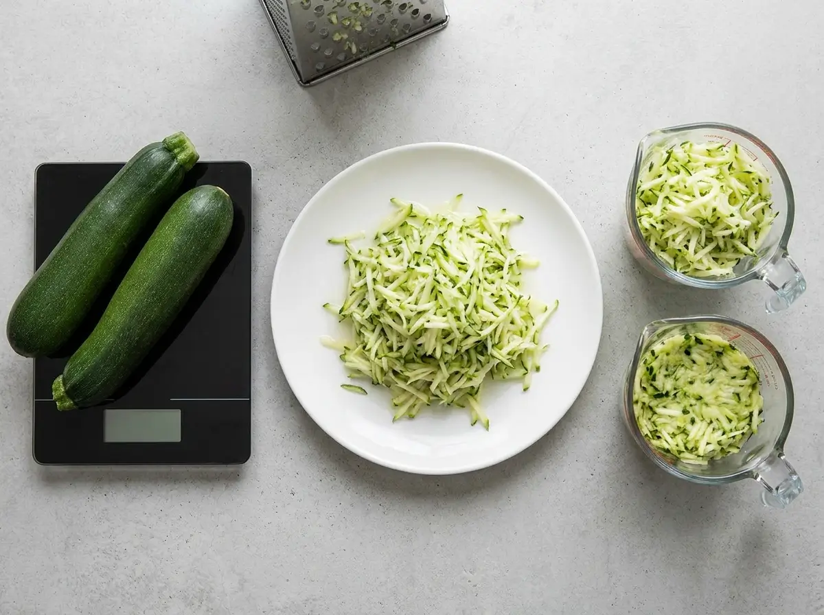 Two whole zucchini on a kitchen scale beside a mound of grated zucchini and two measuring cups showing loosely packed versus tightly packed shreds