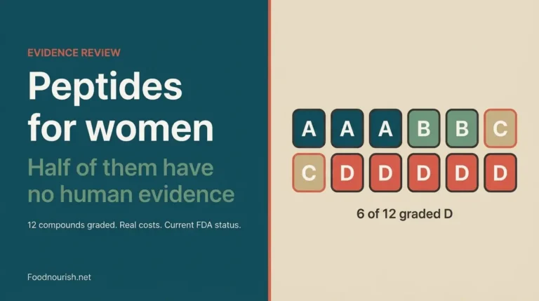 an evidence review of peptides for women, showing twelve compounds graded with six receiving a D grade