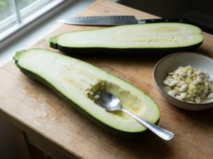 An oversized garden zucchini halved lengthwise with the seedy core being scraped out with a spoon, next to an untouched half