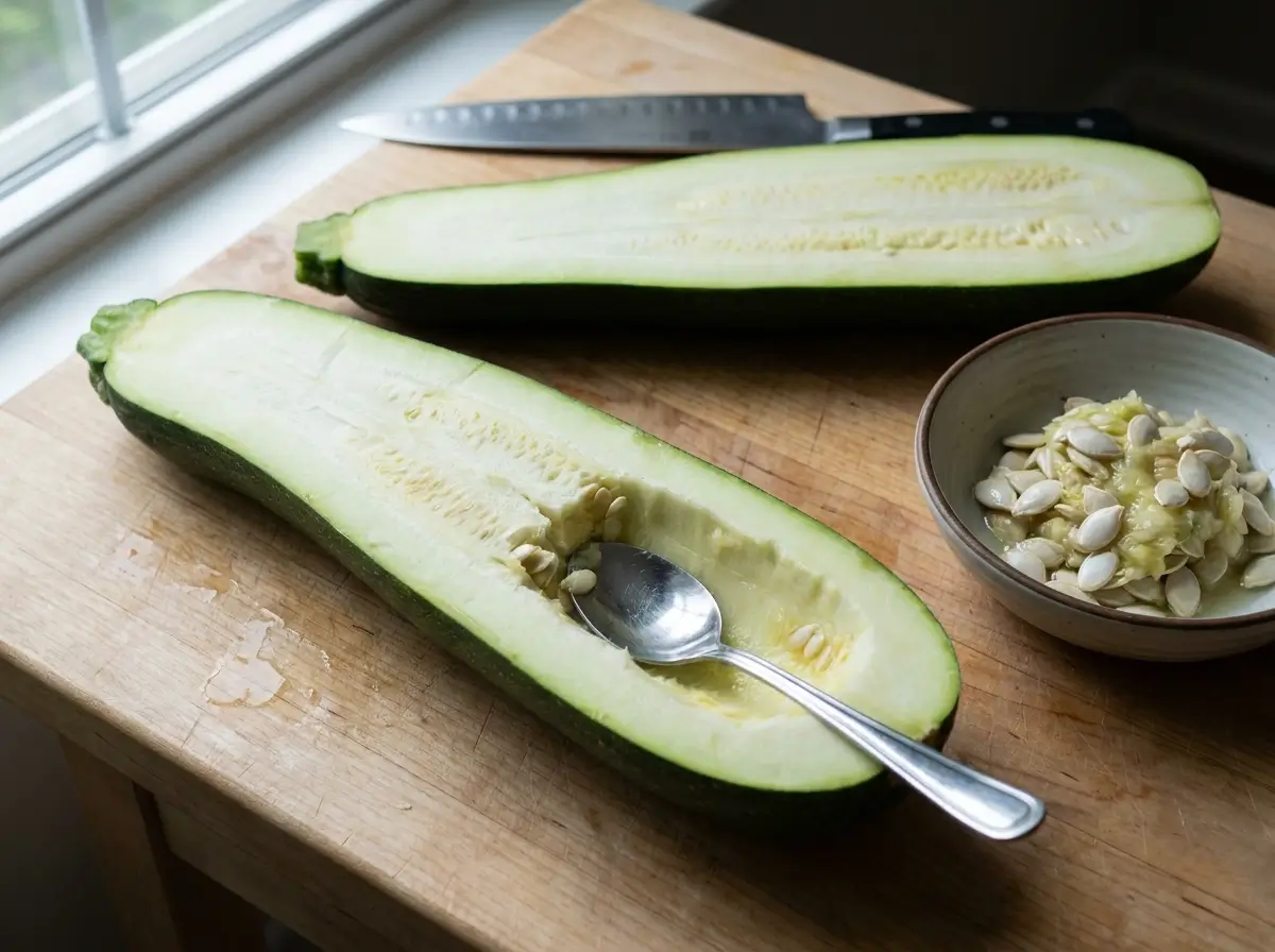 An oversized garden zucchini halved lengthwise with the seedy core being scraped out with a spoon, next to an untouched half
