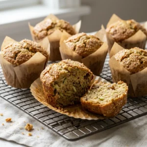 Six domed zucchini bread muffins in brown paper liners on a cooling rack, with one torn open to show the moist green-flecked crumb