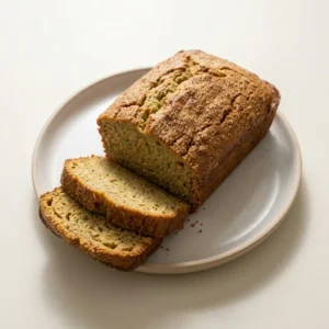 A whole loaf of moist zucchini bread on a white plate with two slices cut and fanned forward