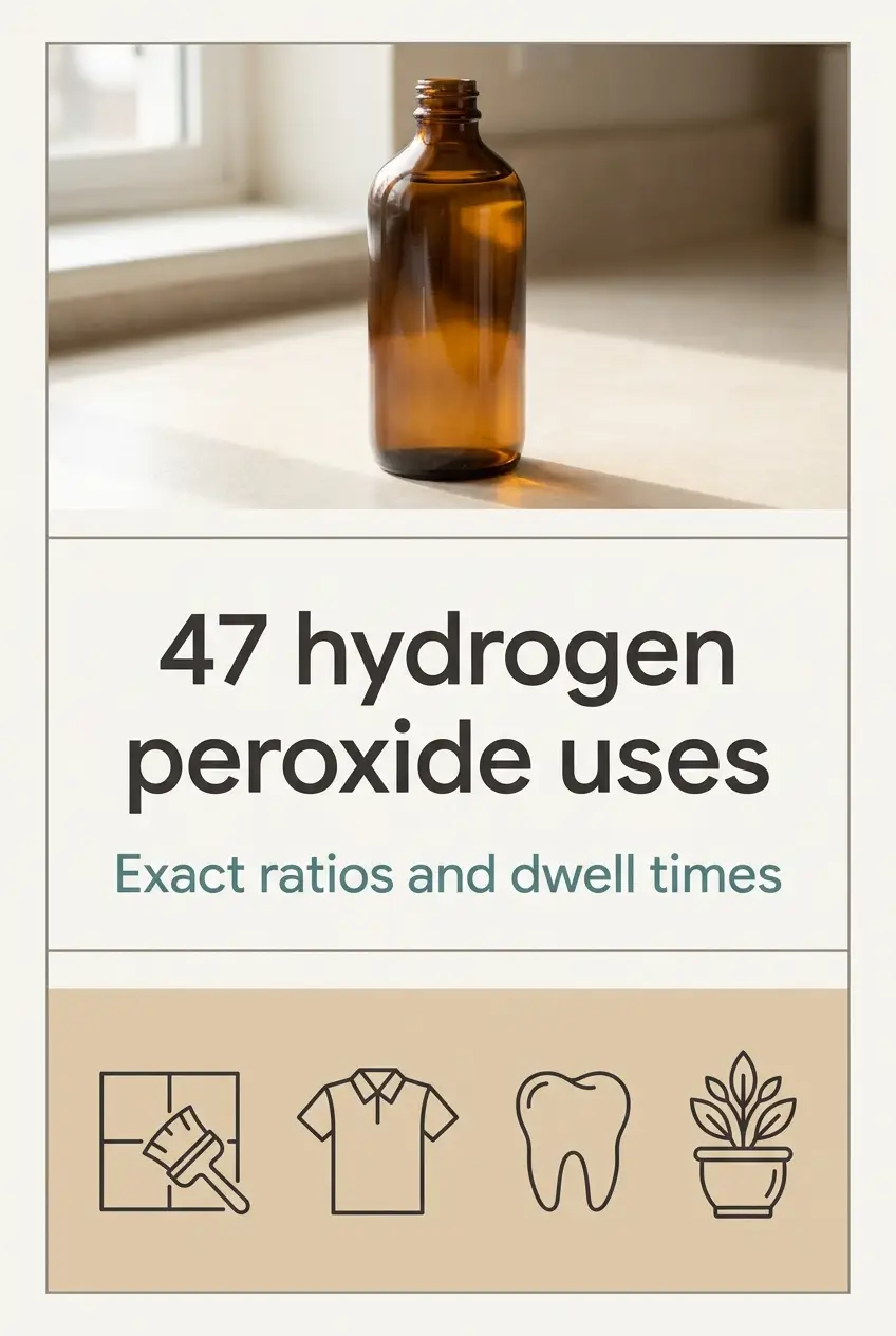 Pinterest graphic listing 47 hydrogen peroxide uses with exact dilution ratios and dwell times for cleaning, laundry, teeth and plants