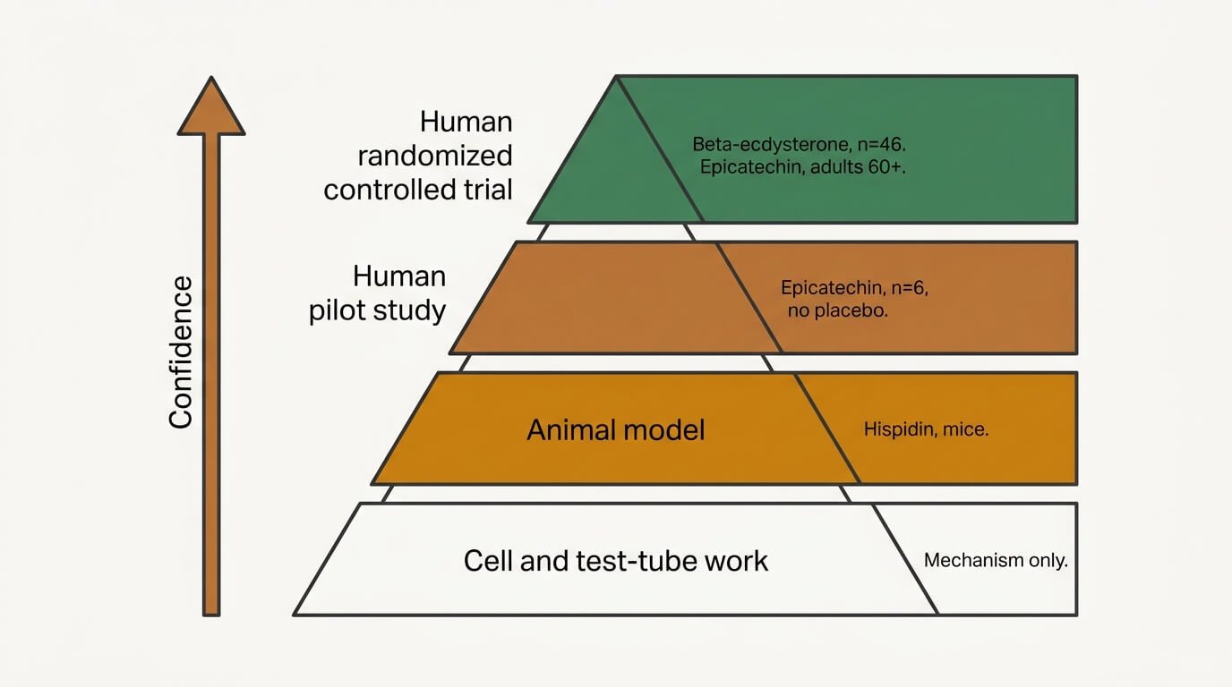 Evidence pyramid placing each Epicomp ingredient by research tier, from human randomized trials at the top to test-tube mechanism work at the base