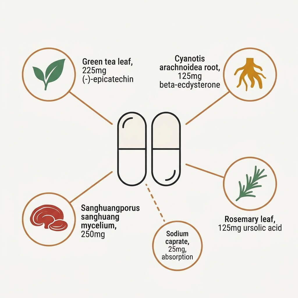 Epicomp formula anatomy showing four actives and their plant sources with doses per two-capsule serving
