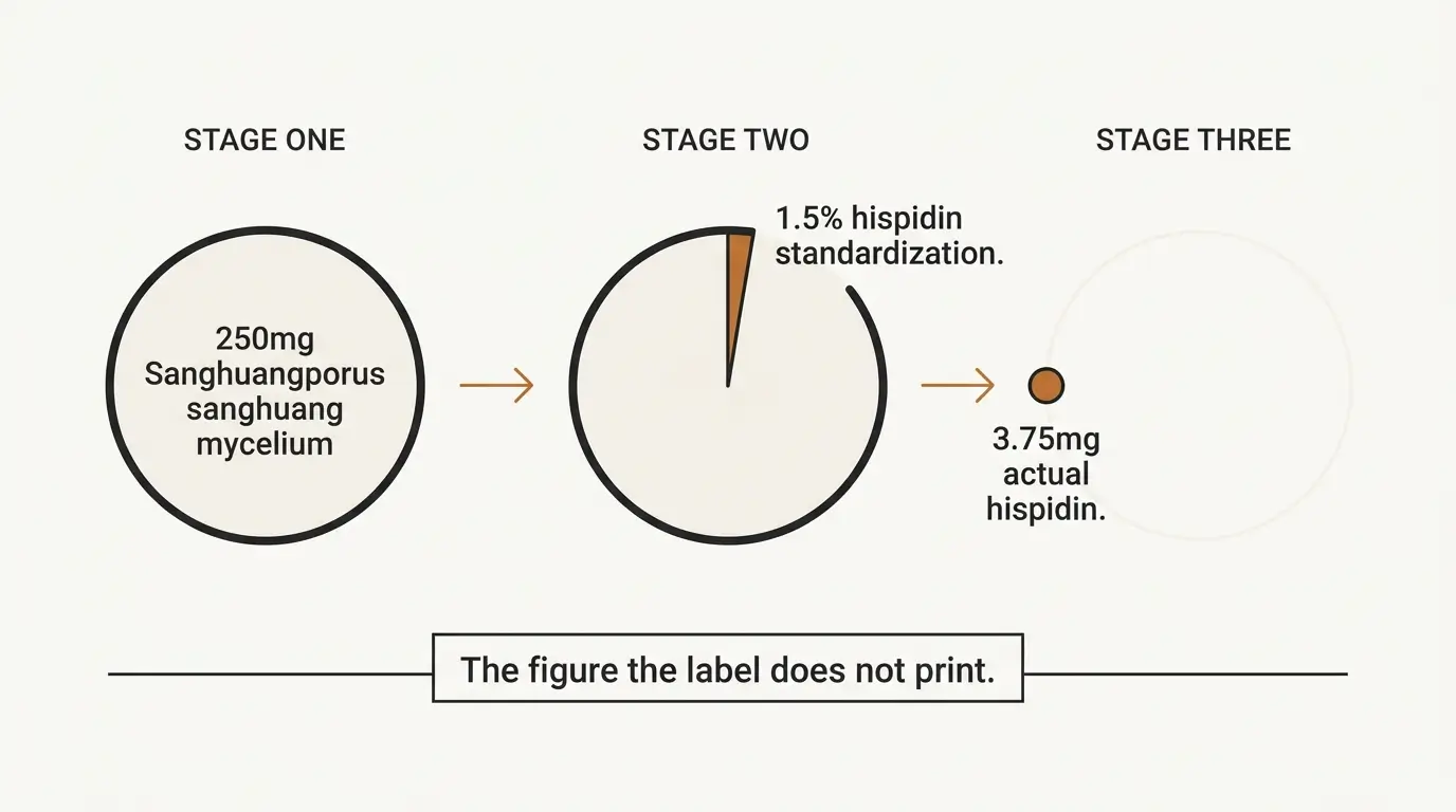 Visual calculation showing 250mg of Sanghuangporus sanghuang mycelium at 1.5 percent standardization delivers 3.75mg of actual hispidin per Epicomp serving
