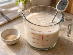 Active yeast foaming in warm milk at 108 degrees Fahrenheit.