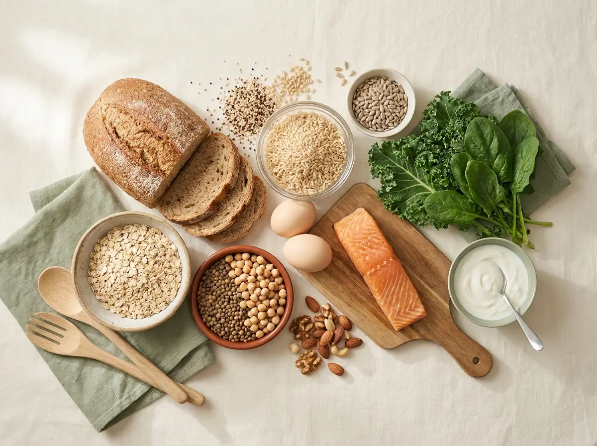 Whole grains, legumes, eggs, fish, nuts, yogurt and green vegetables, foods rich in B vitamins