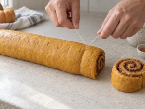 Cutting pumpkin cinnamon roll dough into equal pieces with unflavored dental floss.