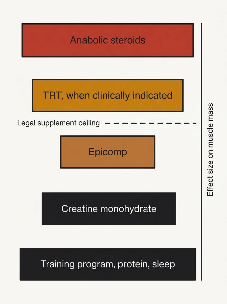 Effect size ladder ranking training and protein above creatine, Epicomp below creatine, and TRT and anabolic steroids above the legal supplement ceiling