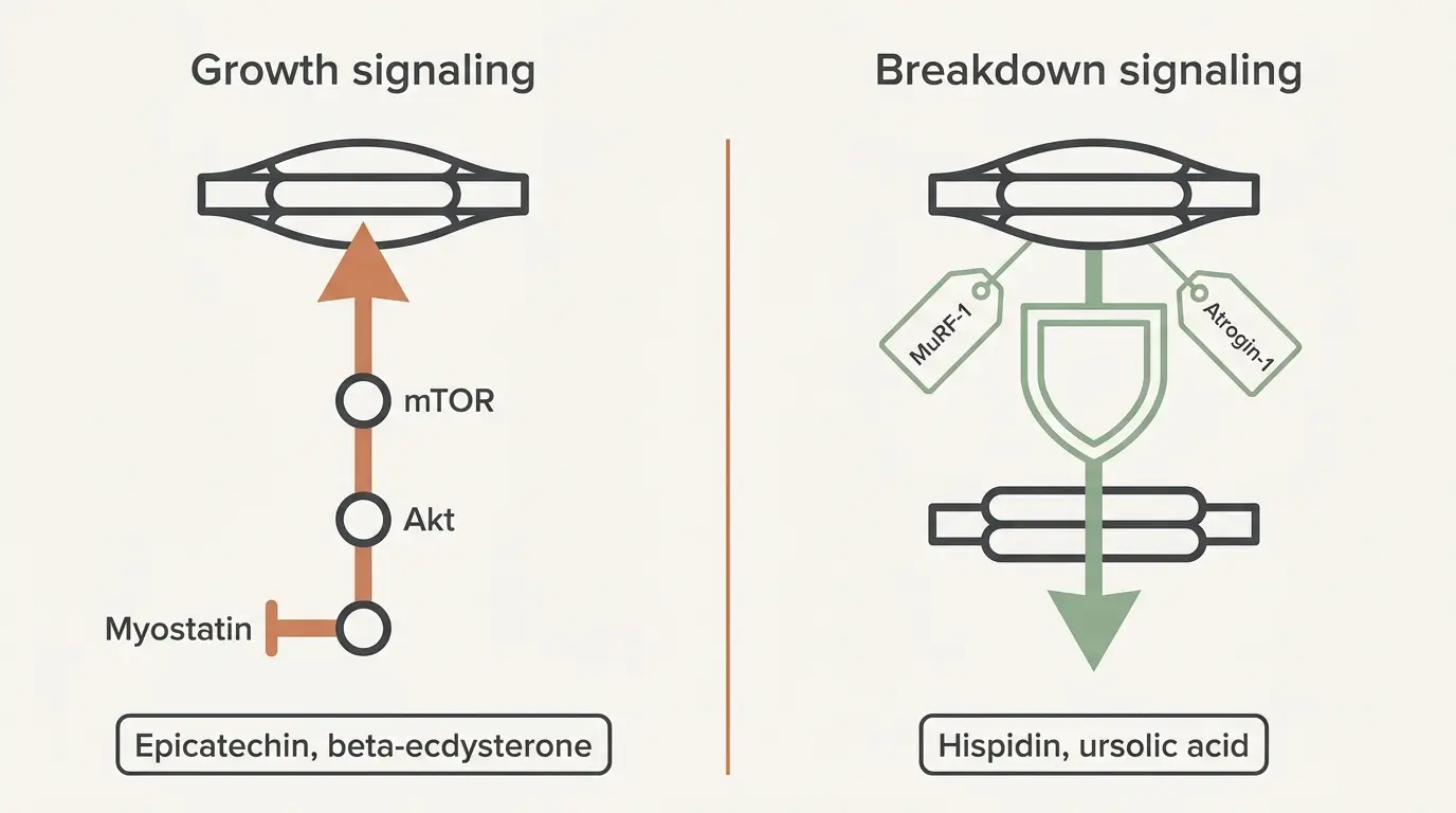 Diagram showing how Epicomp targets muscle growth signaling through myostatin inhibition and muscle breakdown through MuRF-1 and Atrogin-1 suppression