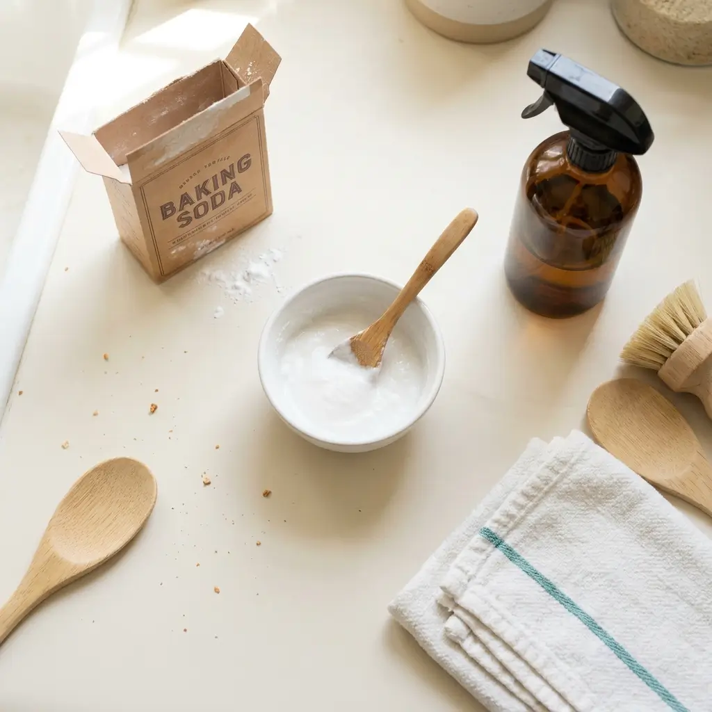 Hydrogen peroxide and baking soda mixed into a cleaning paste in a white bowl beside an amber spray bottle