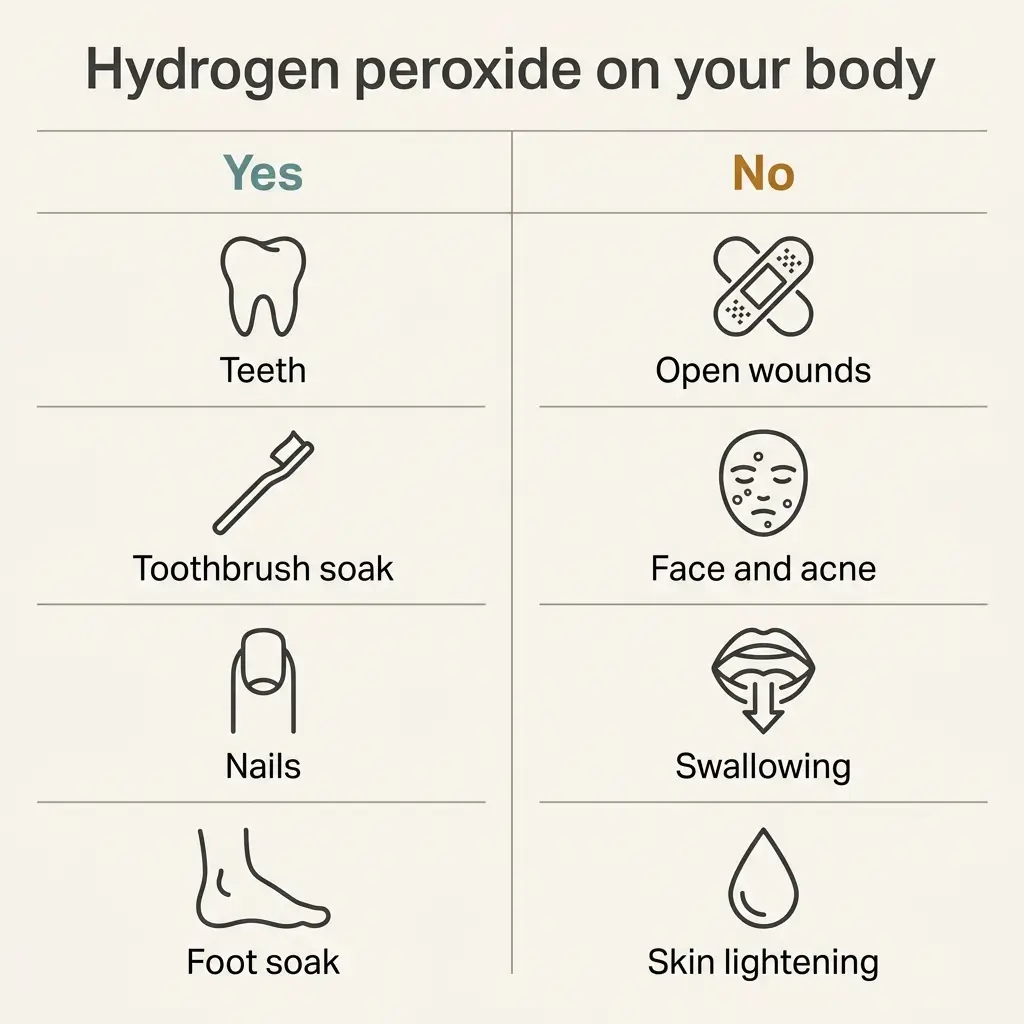 Chart showing which hydrogen peroxide body uses are safe, including teeth and nails, and which to avoid, including wounds and face