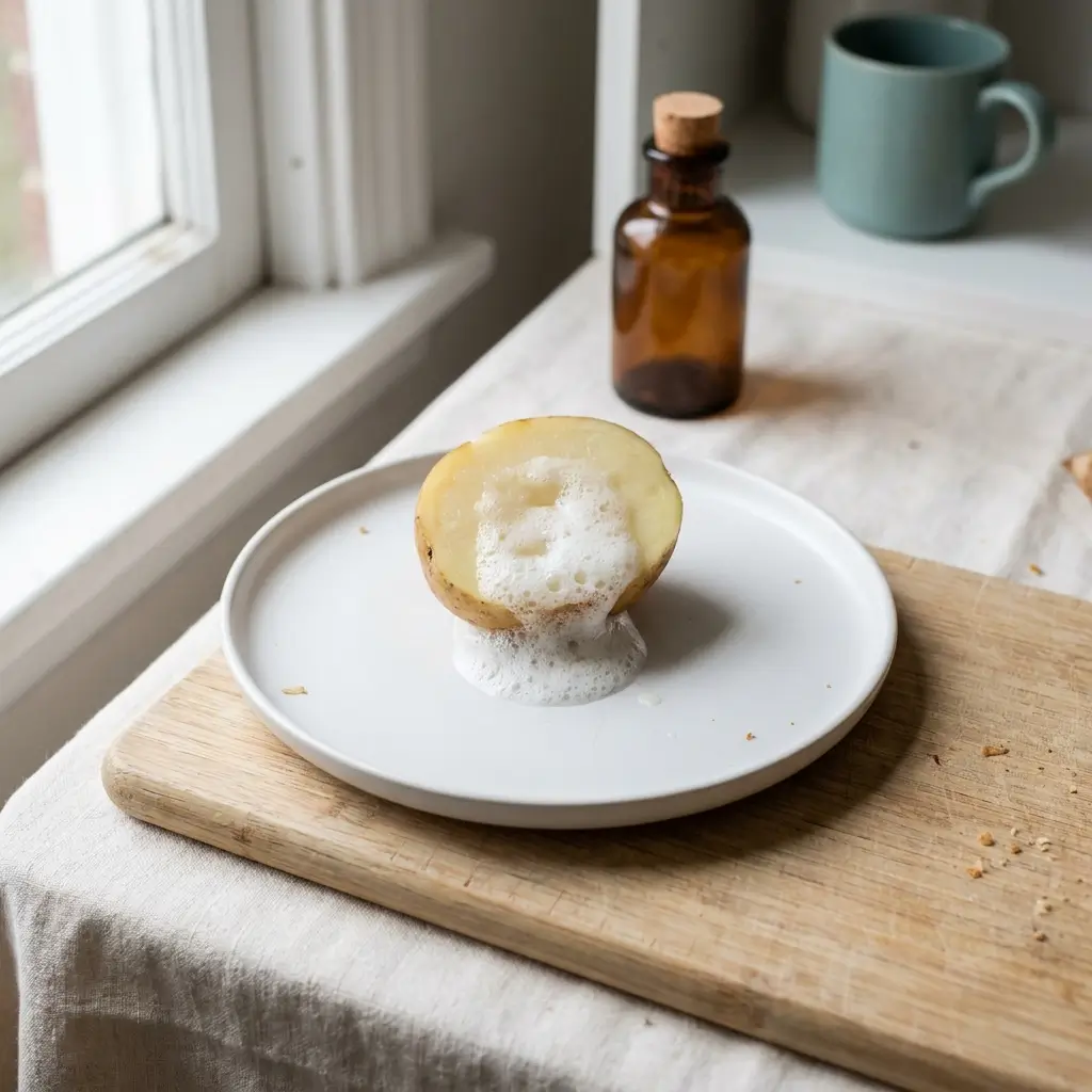 Hydrogen peroxide foaming on a cut potato, the catalase fizz test for checking whether a bottle is still potent