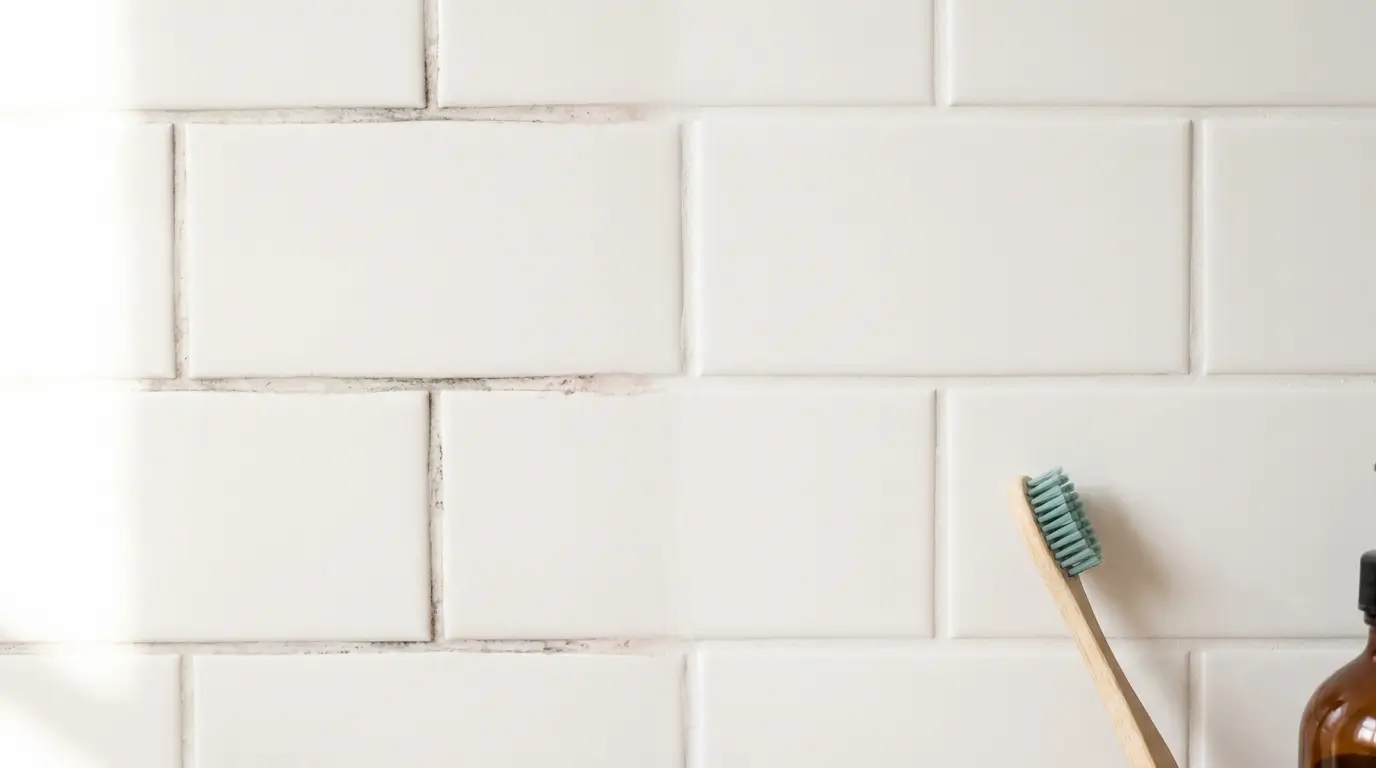  Tile grout before and after cleaning with hydrogen peroxide and baking soda paste, showing mildew stains removed