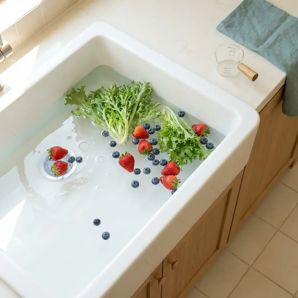 Berries and leafy greens soaking in a sink of water with hydrogen peroxide added to remove surface residue