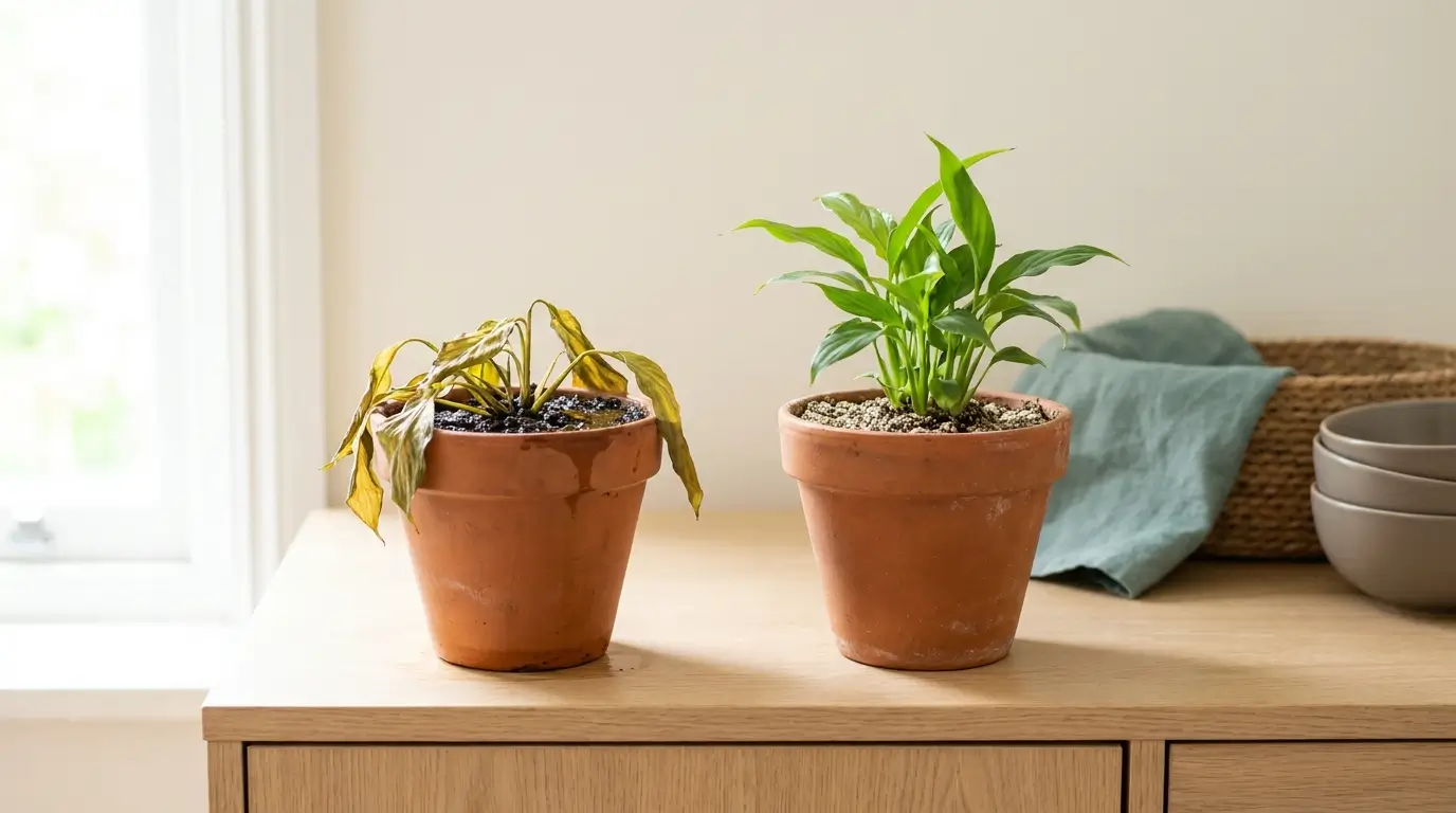 Two houseplants side by side showing root rot recovery after treatment with diluted hydrogen peroxide