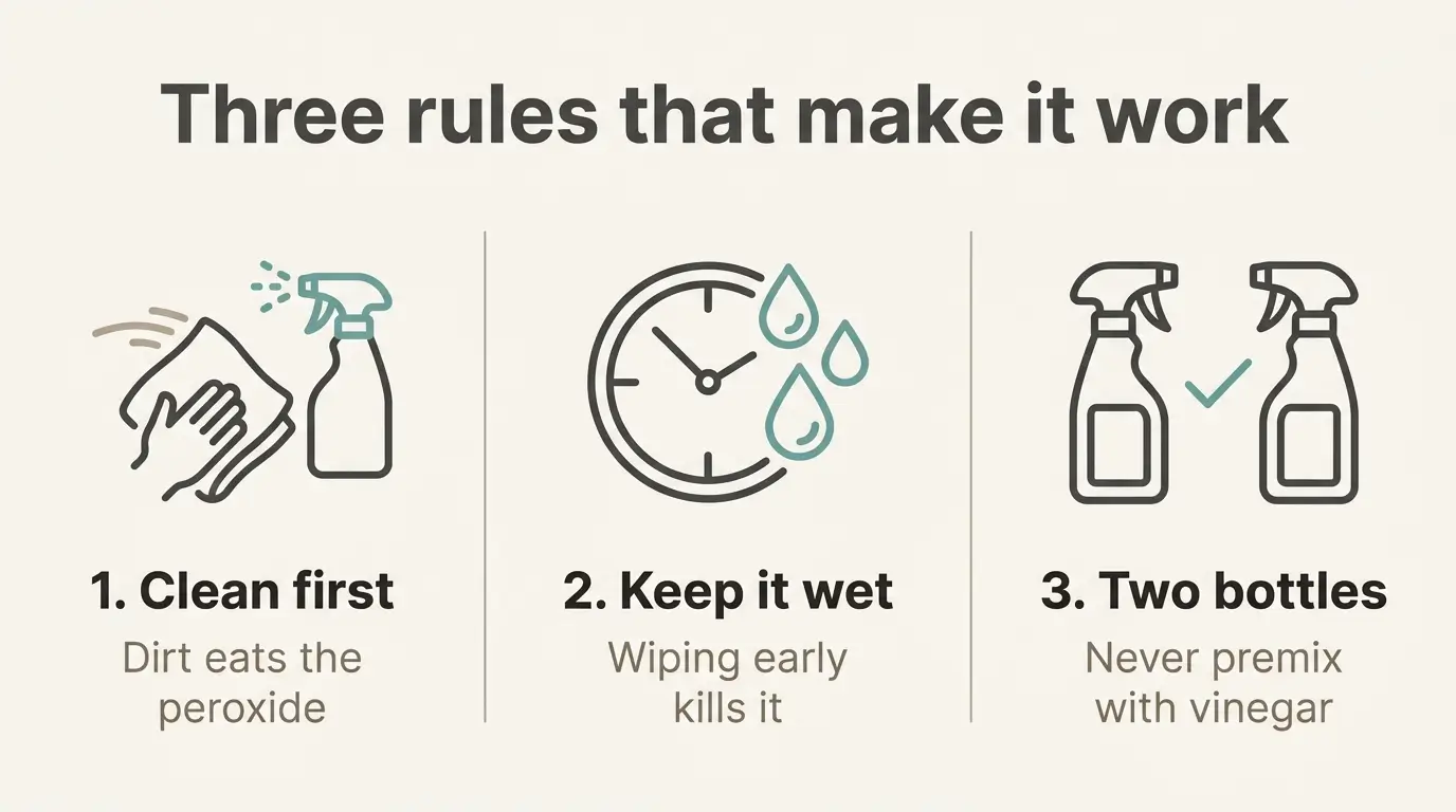 Three rules for using hydrogen peroxide, clean the surface first, keep it wet for the full dwell time, and never premix it with vinegar