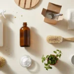 Overhead flat lay of an amber hydrogen peroxide bottle surrounded by cleaning and household items, illustrating 47 hydrogen peroxide uses