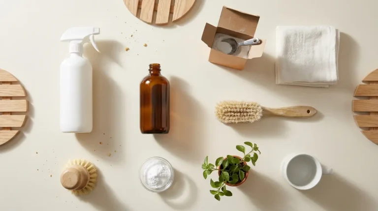 Overhead flat lay of an amber hydrogen peroxide bottle surrounded by cleaning and household items, illustrating 47 hydrogen peroxide uses