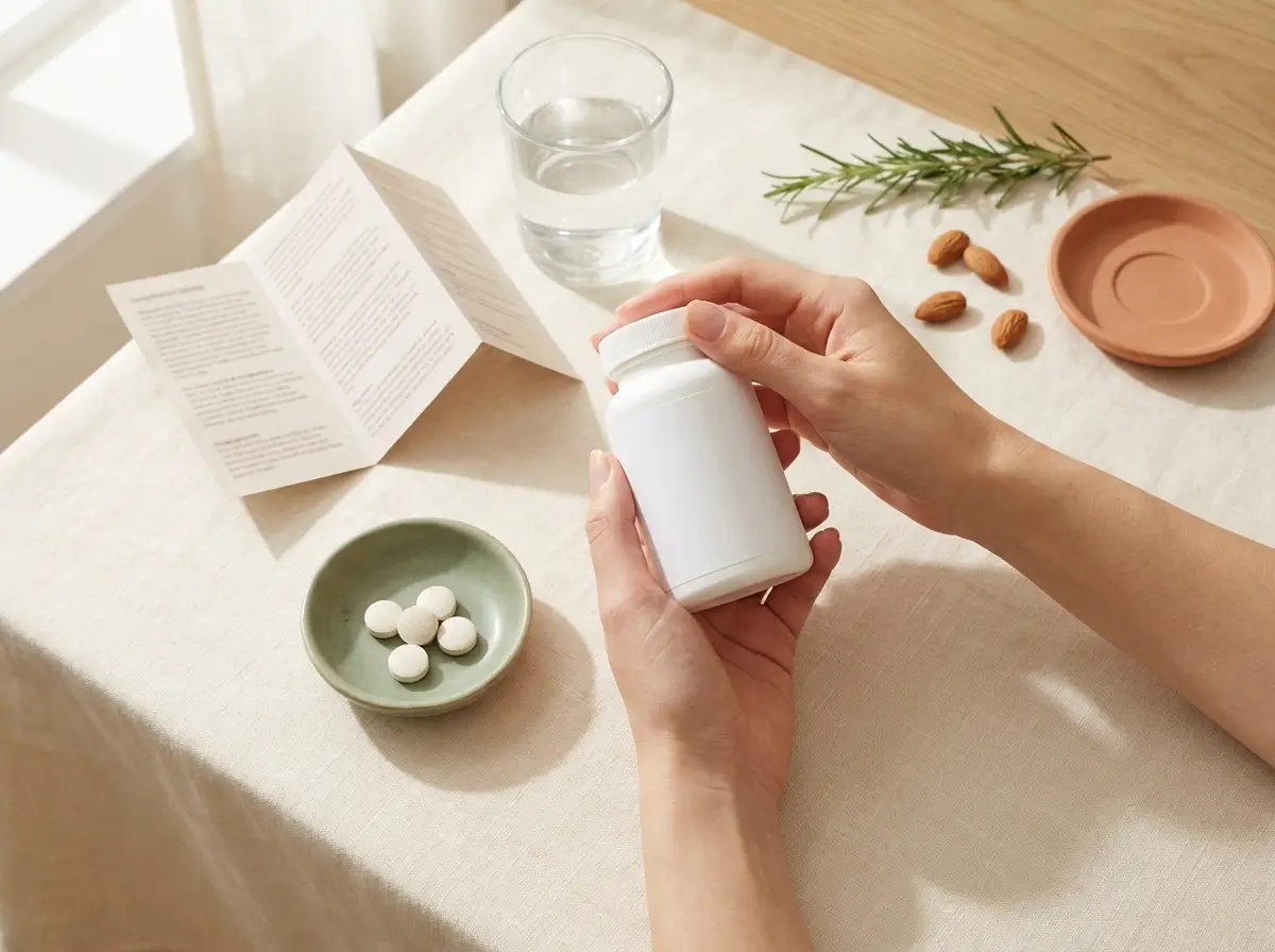 Hands reading the label of a supplement bottle beside a glass of water and a small dish of tablets
