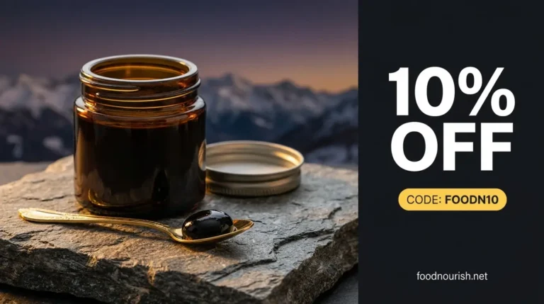 Natural Shilajit discount code FOODN10 for 10% off, shown beside a jar of Altai shilajit resin and a gold spoon