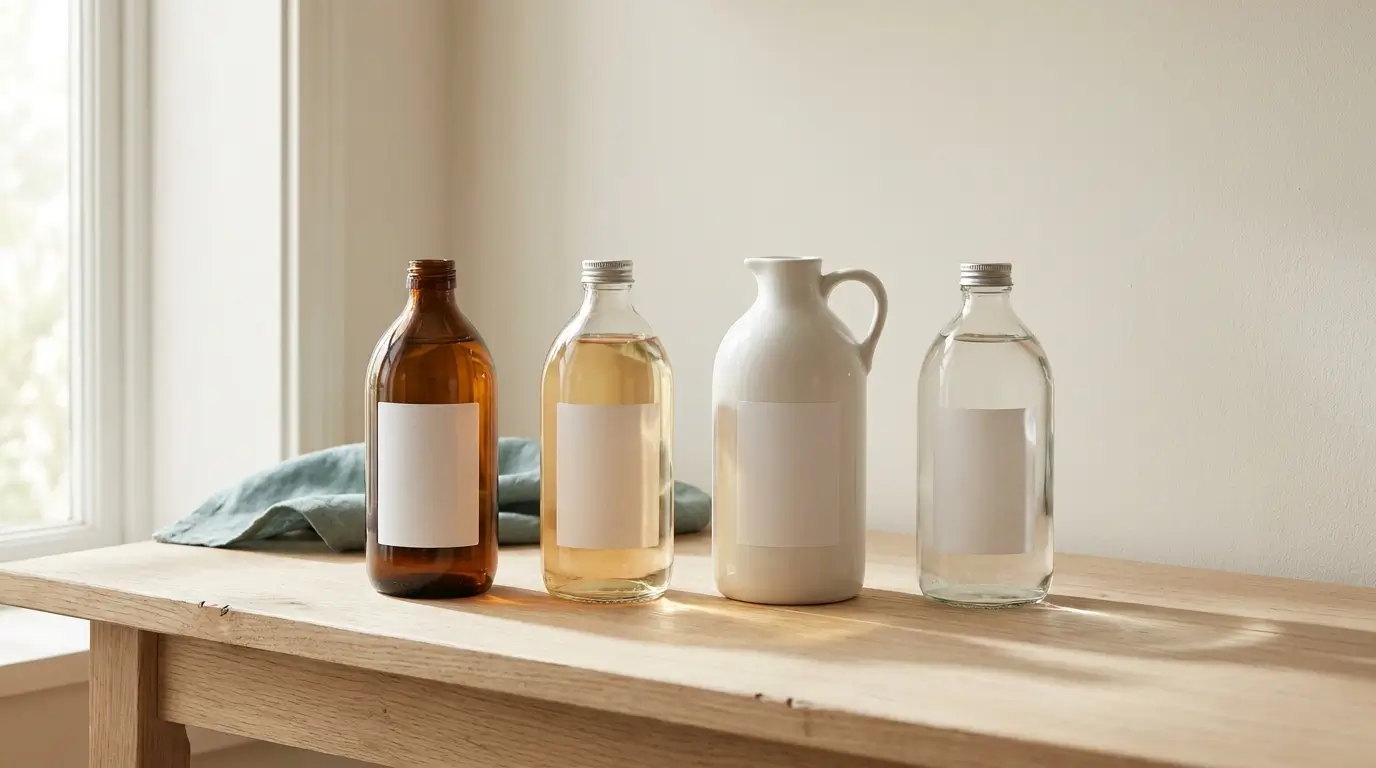Hydrogen peroxide, white vinegar, bleach and rubbing alcohol bottles lined up for comparison of household disinfectants