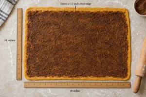 Pumpkin dough rolled to 14 by 18 inches with cinnamon filling and a clean edge.
