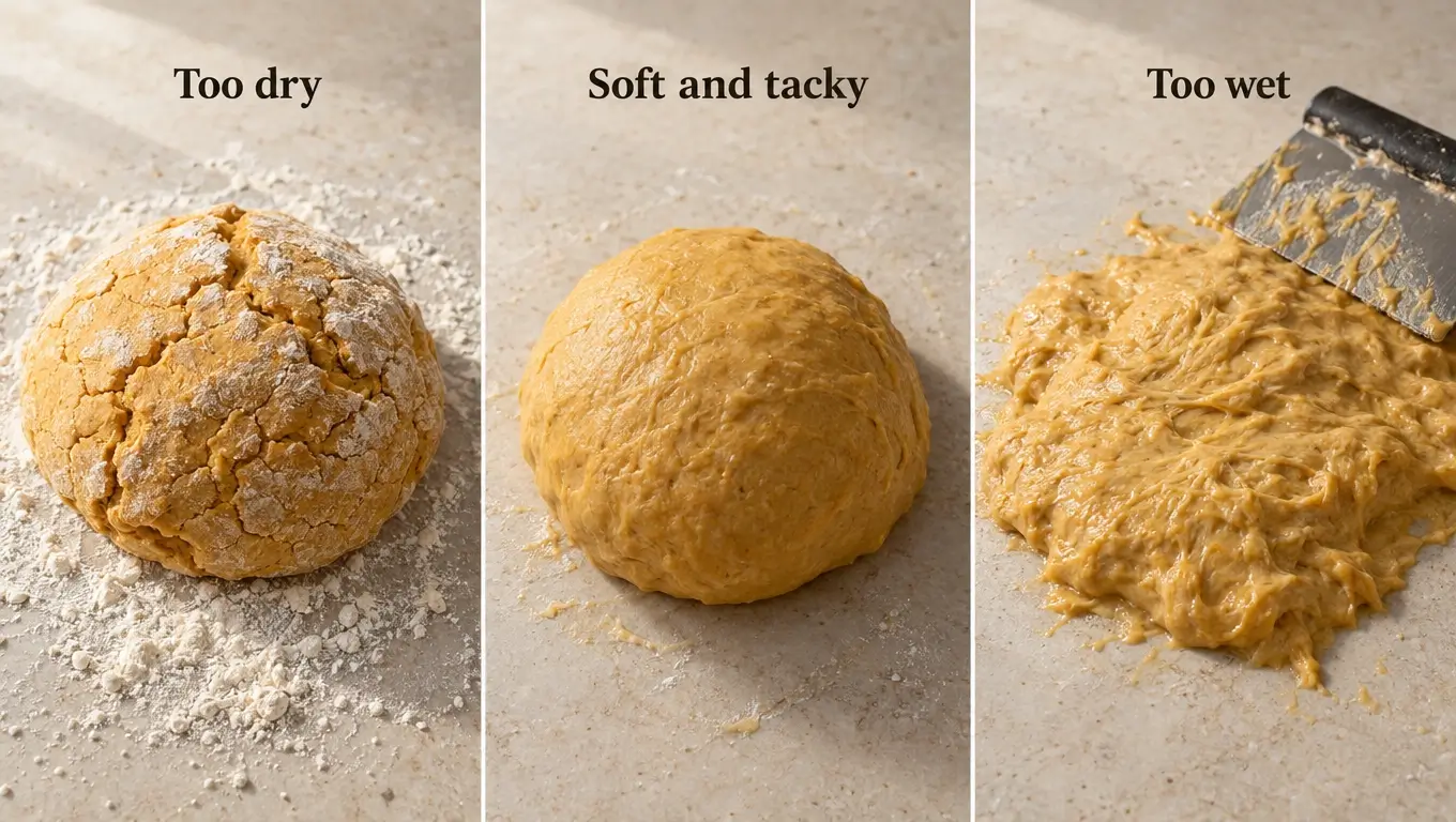 Dry, properly mixed, and overly wet pumpkin cinnamon roll dough compared side by side.