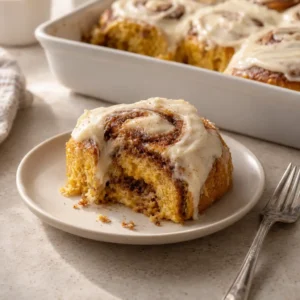 Single pumpkin cinnamon roll showing its soft crumb and cinnamon spiral.