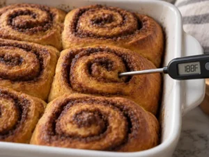 Thermometer inserted into the center pumpkin cinnamon roll and reading 188 degrees Fahrenheit.