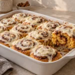 Pumpkin cinnamon rolls with maple cream cheese frosting in a white baking dish.