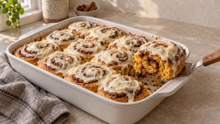 Pumpkin cinnamon rolls with maple cream cheese frosting in a white baking dish.