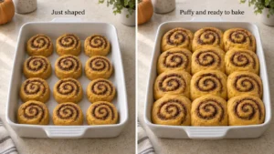 Pumpkin cinnamon rolls before and after the second rise