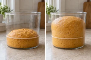 Pumpkin dough before rising and after doubling in volume.